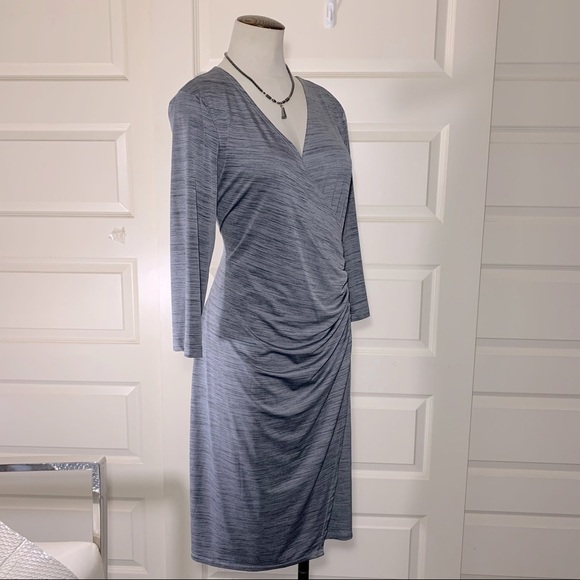 Notations Gray Midi Dress Rushed Faux Rap Deep V Neckline Sz XL P - Picture 8 of 11
